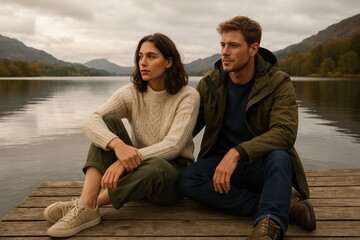 Couple relaxing by lake