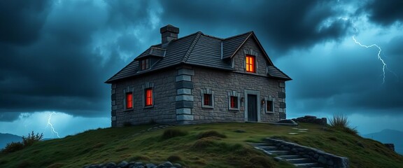 Ancient stone house glows mysteriously atop hill, storm brewing, dark, beautiful