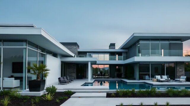 Modern Luxury Home with Swimming Pool at Sunset Elegant Architecture