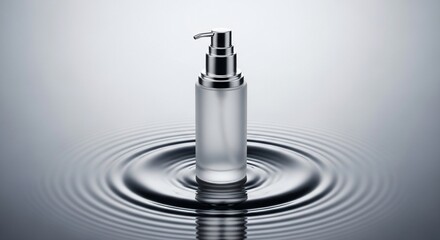 Frosted Glass Pump Bottle with Silver Accents on Rippling Water Surface