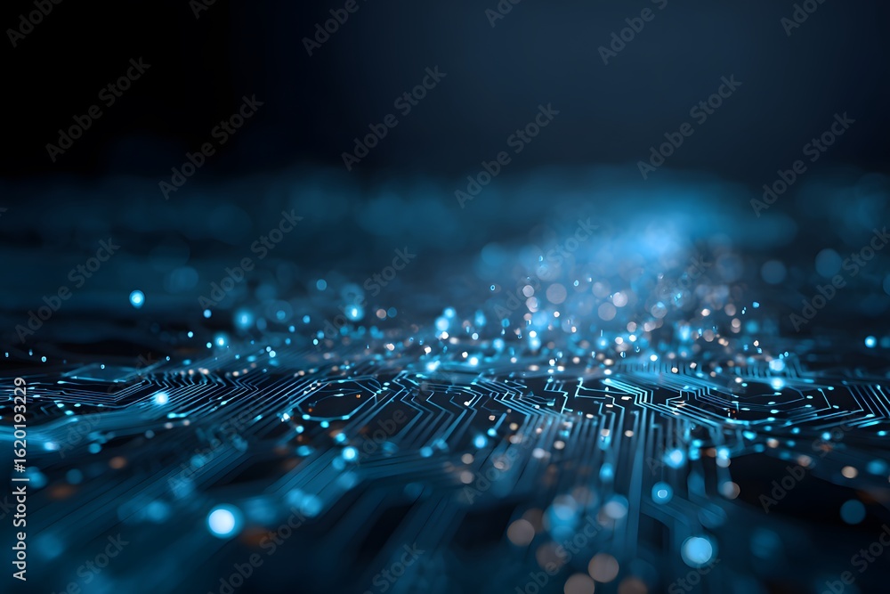 Poster abstract blue technological background with a circuit board, digital network, and data transfer conc