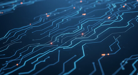Futuristic digital concept with glowing blue circuit board pathways representing data transfer and global connectivity.