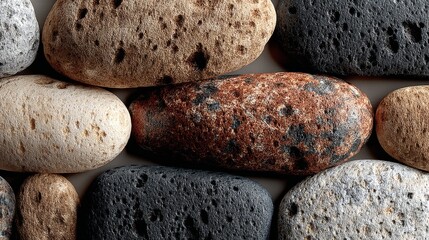 Smooth, polished stone pebbles in a natural, textured pattern. long_title:An arrangement of smooth, rounded river stones in varying shades of