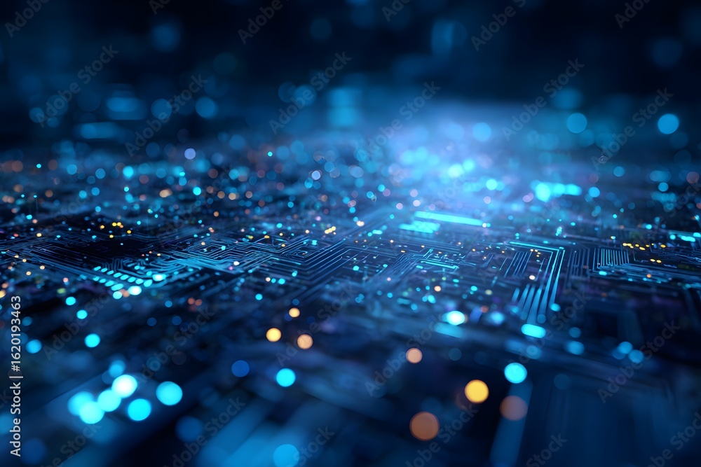 Poster abstract blue technological background with a circuit board, digital network, and data transfer conc