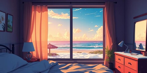 Anime-style bedroom; summer beach scene through window, snowy landscape outside,  landscape,  graphic