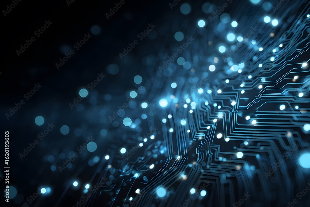 Poster abstract blue technological background with a circuit board, digital network, and data transfer conc