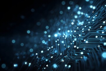 Abstract blue technological background with a circuit board, digital network, and data transfer concept. 