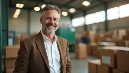 Smiling businessman stands in modern factory, exuding confidence, success. Mature executive with graying hair, beard wears brown blazer, white shirt, looking directly at camera with happy expression.