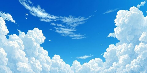 Anime-style blue sky, fluffy white cloudscape Dreamy, heavenly Japanese manga background,  ai,  pastel