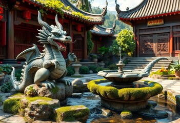 Anime stone dragon fountain, mossy basin, temple yard, retro cartoon, trickling water, oriental, stone