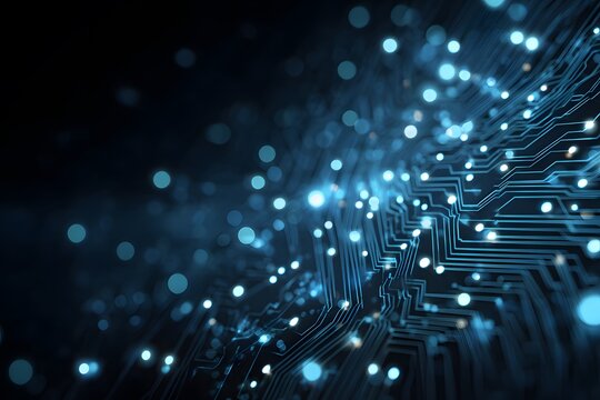 Abstract blue technological background with a circuit board, digital network, and data transfer concept. 