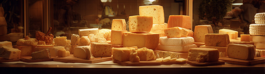 Large chunks of cheese sit on display at a supermarket or farmers market