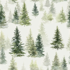 Fototapeta premium Serene pattern of watercolor evergreen trees in various shades of green, creating tranquil forest atmosphere. soft hues evoke sense of calm and nature beauty