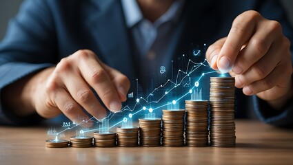 Investment growth and financial planning strategy shown with rising coin stacks and data visualization highlighting positive trends for future success and wealth accumulation
