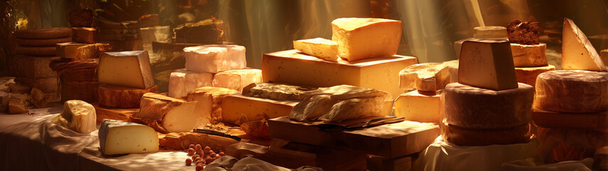 Large chunks of cheese sit on display at a supermarket or farmers market