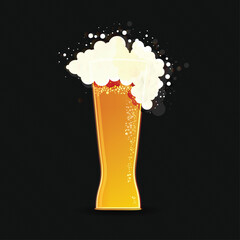 Vector illustration of a frothy beer mug on a dark background. Realistic golden beer with bubbles and foam, perfect for bar menus, Oktoberfest designs, and brewery promotions.
