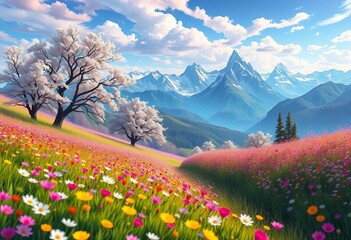 Anime-style colorful spring meadow, gradient flowers, blossoming trees, majestic mountains, vibrant sky,  flowers,  breathtaking