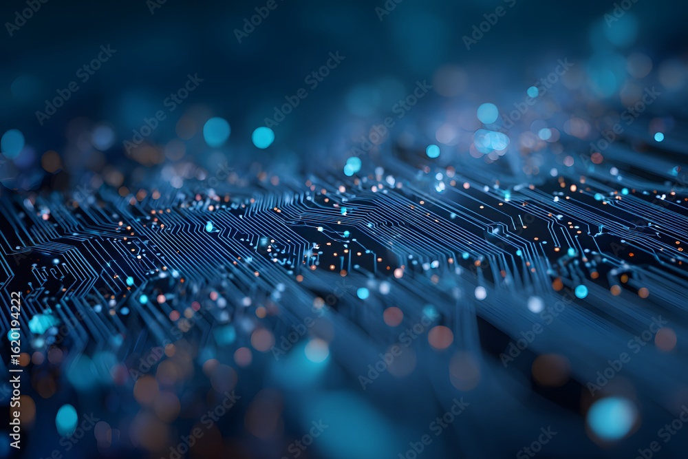 Poster abstract blue technological background with a circuit board, digital network, and data transfer conc