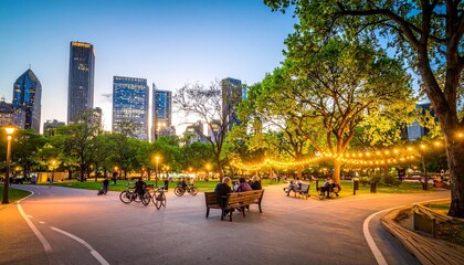Obraz premium Modern city park at sunset with people relaxing, coffee in hand, under trees and string lights.