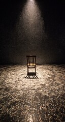 A lone wooden chair sits in a spotlight on a floor covered in scattered, glittering objects within a dark, cavernous space.  Its shadow stretches below