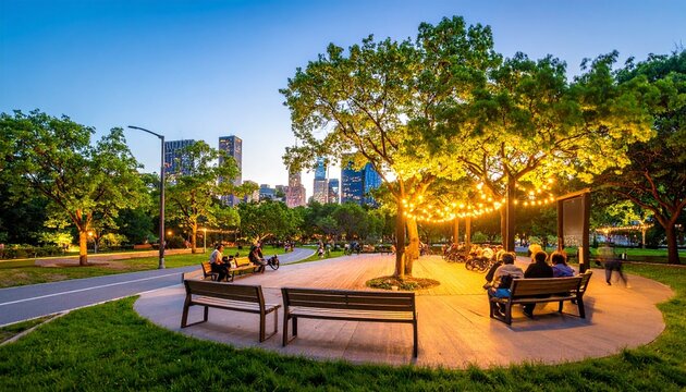 Modern city park at sunset with people relaxing, coffee in hand, under trees and string lights.