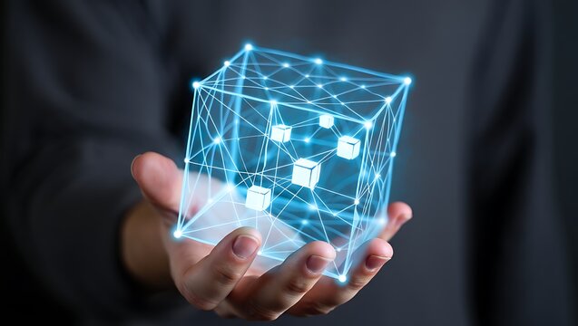 Man holding abstract glowing cube data network blockchain technology representing innovation and future digital transformation with connected nodes and artificial intelligence