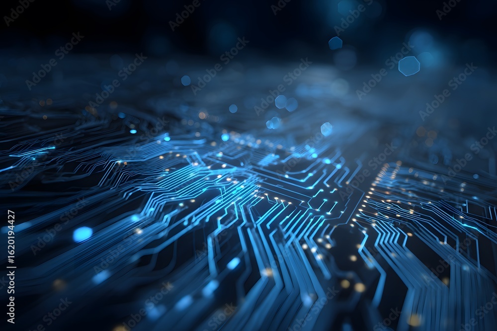 Poster abstract blue technological background with a circuit board, digital network, and data transfer conc