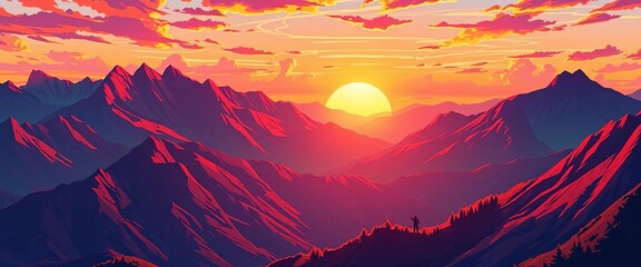 Anime-style sunset over majestic mountains, vibrant colors, digital painting,  peaks,  breathtaking