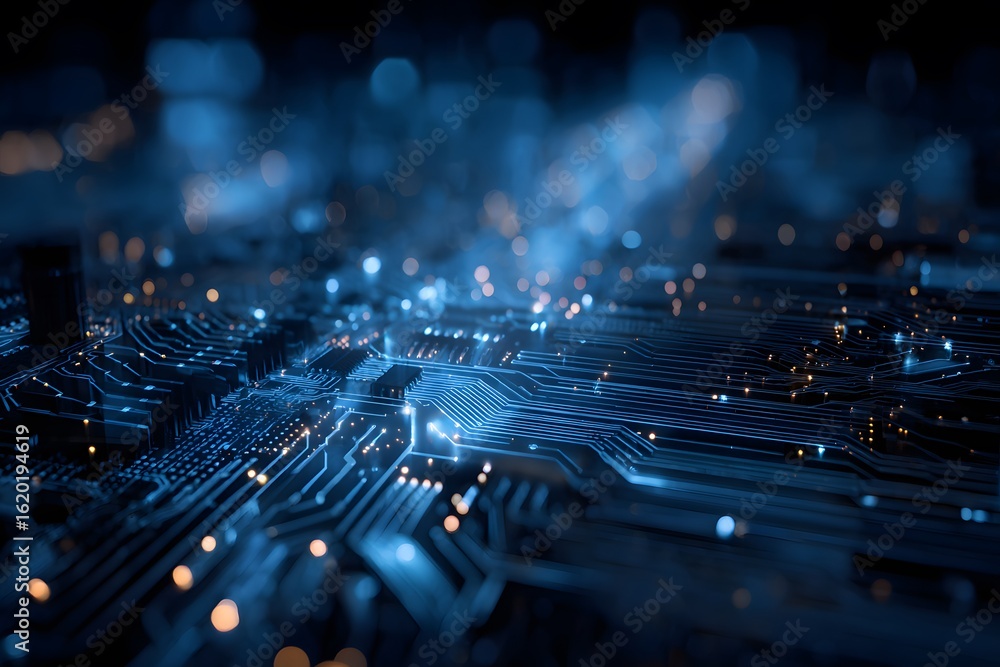 Poster abstract blue technological background with a circuit board, digital network, and data transfer conc