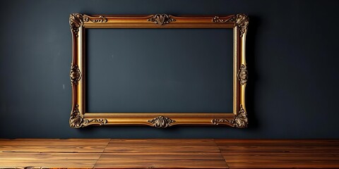 Antique copper, silver, gold frame on dark grunge wall, empty wooden table,   old,  copper