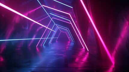Futuristic neon light lines illuminate a vibrant geometric tunnel. Abstract background with glowing linear shapes for metaverse exploration and cyber technology.