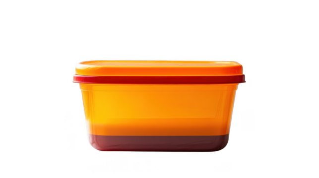 A bright orange container with red and brown contents stands out against a light backdrop
