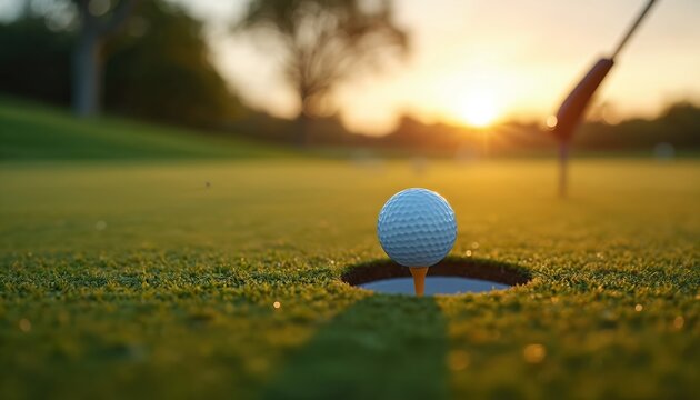 Golf ball poised on tee at edge of hole on green grass putting surface. Club ready nearby. Golden hour sunset light creates peaceful ambiance on fairway. Focus on ball and hole.