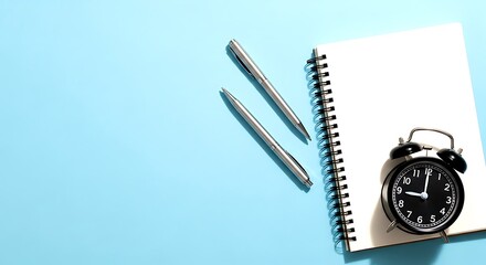 Two silver pens and black alarm clock on white notebook with blue background writing paper