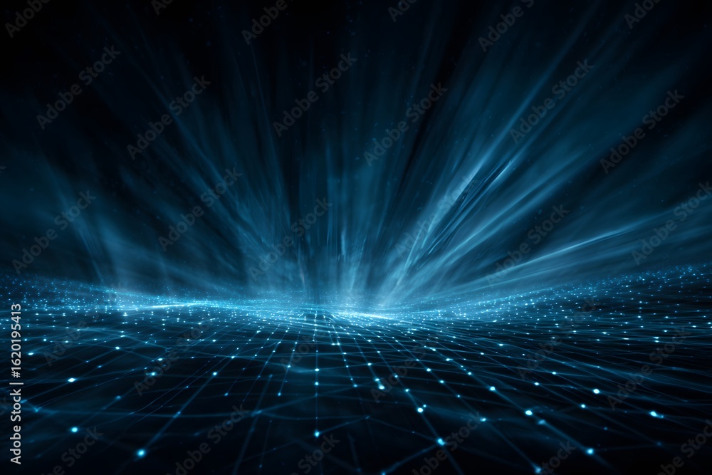 Poster abstract blue digital grid background with light rays, futuristic technology and science concept. ab