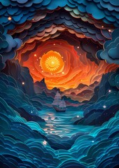 Fantasy landscape with a sailing ship navigating through a glowing blue river towards an abstract orange sun in a layered sky.