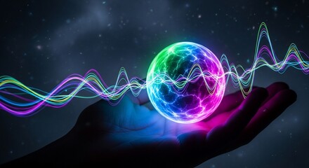 Obraz premium Hand holding glowing energy sphere with colorful sound waves in dark space