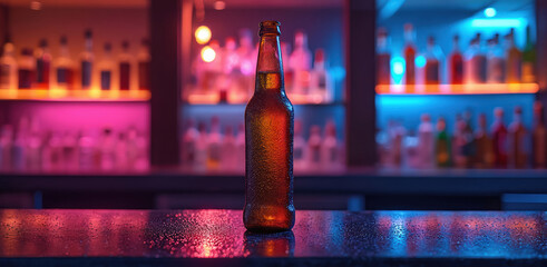 Beer bottle condensation reflects vibrant neon pink blue yellow lights. Glossy bar counter illuminated liquor shelf background creates futuristic nightlife ambiance for modern clubs parties