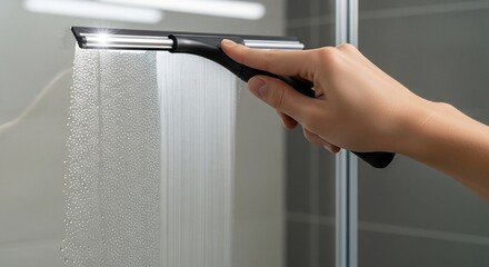 Hand using squeegee to clean a wet glass surface with water droplets