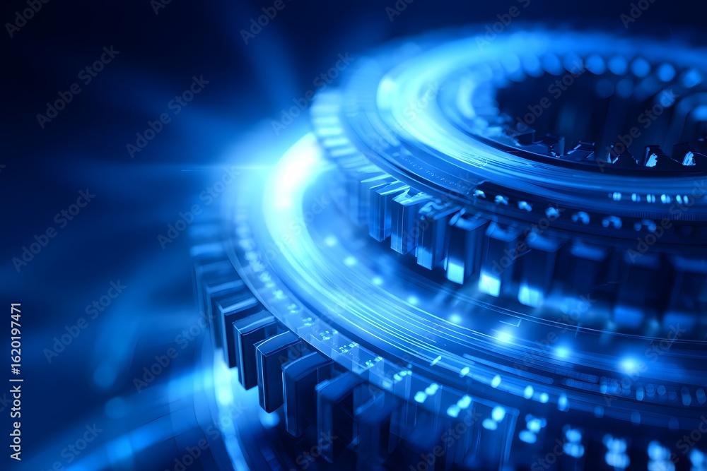 Poster abstract blue digital background with glowing futuristic elements and gears, creating an elegant tec