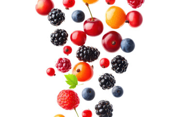 falling berries. Mixed fruits in the air (blueberries, blackberries, raspberries, strawberries, gooseberries, cherries, black and red currants)