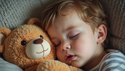 Young child sleeping, hugging teddy bear. Boy has breathing issues, mouth open during rest. Medical concept for pediatric respiratory problems, adenoid issues, nasal congestion, sleep disturbance.