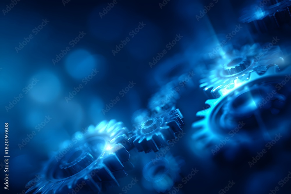 Poster abstract blue digital background with glowing futuristic elements and gears, creating an elegant tec