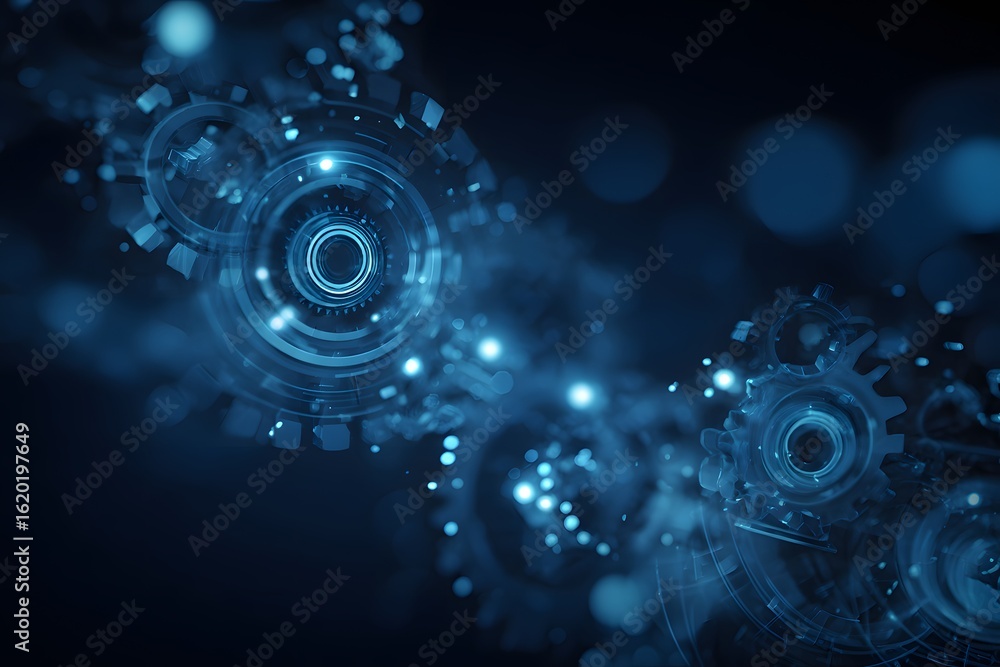 Poster abstract blue digital background with glowing futuristic elements and gears, creating an elegant tec