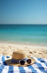 Striped beach towel with straw hat sunglasses on sandy shore. Calm ocean blue sky background. Summer vacation essentials relaxation, minimalism, simplicity, ocean, sun, sand, coastal holiday.