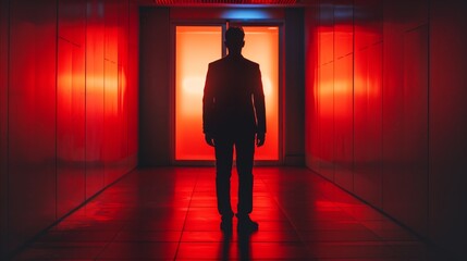 Man in suit stands silhouette against red glowing door in a dark, mysterious hallway. Futuristic background.