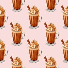 Seamless pattern with glass mugs of pumpkin latte topped with whipped cream, painted in cozy watercolor style. Perfect for fabric, packaging, wrapping paper, and seasonal desig