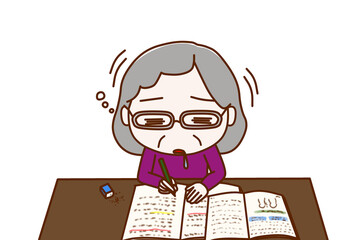 （上半身正面）勉強を頑張っていたが力尽きてコックリと船をこいでうたた寝をする高齢の女性