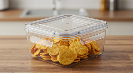 Crackers in Airtight Food Storage Container on Wood Table
