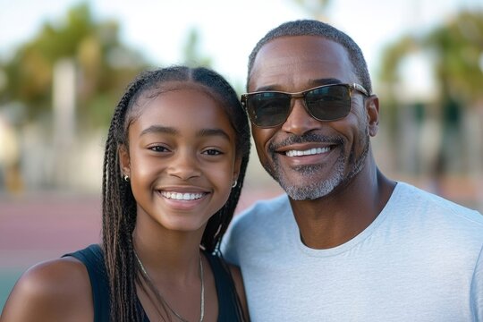Happy father and his teenage daughter enjoying a moment together at a basketball court, capturing the joy of family time and outdoor sports, Generative AI